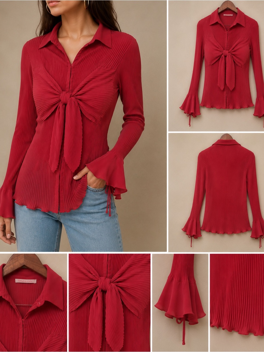 Violet & Claire Chiffon Tie Front Button Up Collared Blouse Red Size XL